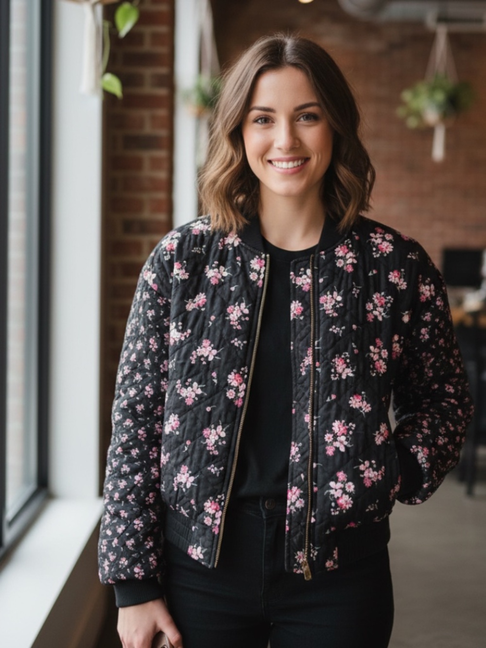 NWT black jacket with pink flowers